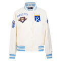 MLB KANSAS CITY ROYALS RETRO CLASSIC WOMEN'S RIB SATIN JACKET (EGGSHELL/ UNIVERSITY BLUE)