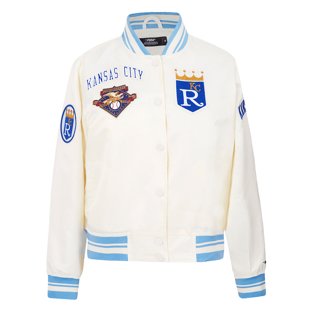 MLB KANSAS CITY ROYALS RETRO CLASSIC WOMEN'S RIB SATIN JACKET (EGGSHELL/ UNIVERSITY BLUE)