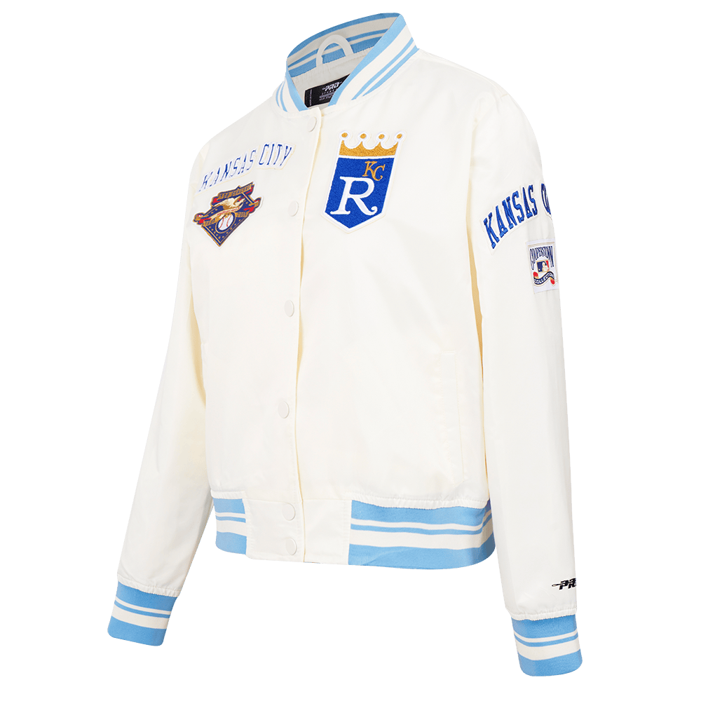 MLB KANSAS CITY ROYALS RETRO CLASSIC WOMEN'S RIB SATIN JACKET (EGGSHELL/ UNIVERSITY BLUE)