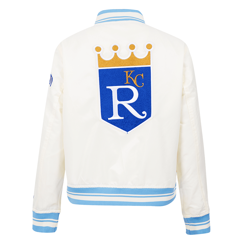 MLB KANSAS CITY ROYALS RETRO CLASSIC WOMEN'S RIB SATIN JACKET (EGGSHELL/ UNIVERSITY BLUE)