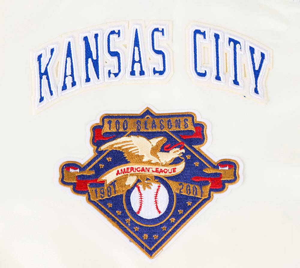 MLB KANSAS CITY ROYALS RETRO CLASSIC WOMEN'S RIB SATIN JACKET (EGGSHELL/ UNIVERSITY BLUE)