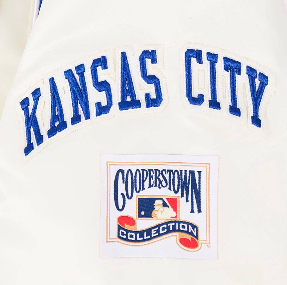 MLB KANSAS CITY ROYALS RETRO CLASSIC WOMEN'S RIB SATIN JACKET (EGGSHELL/ UNIVERSITY BLUE)