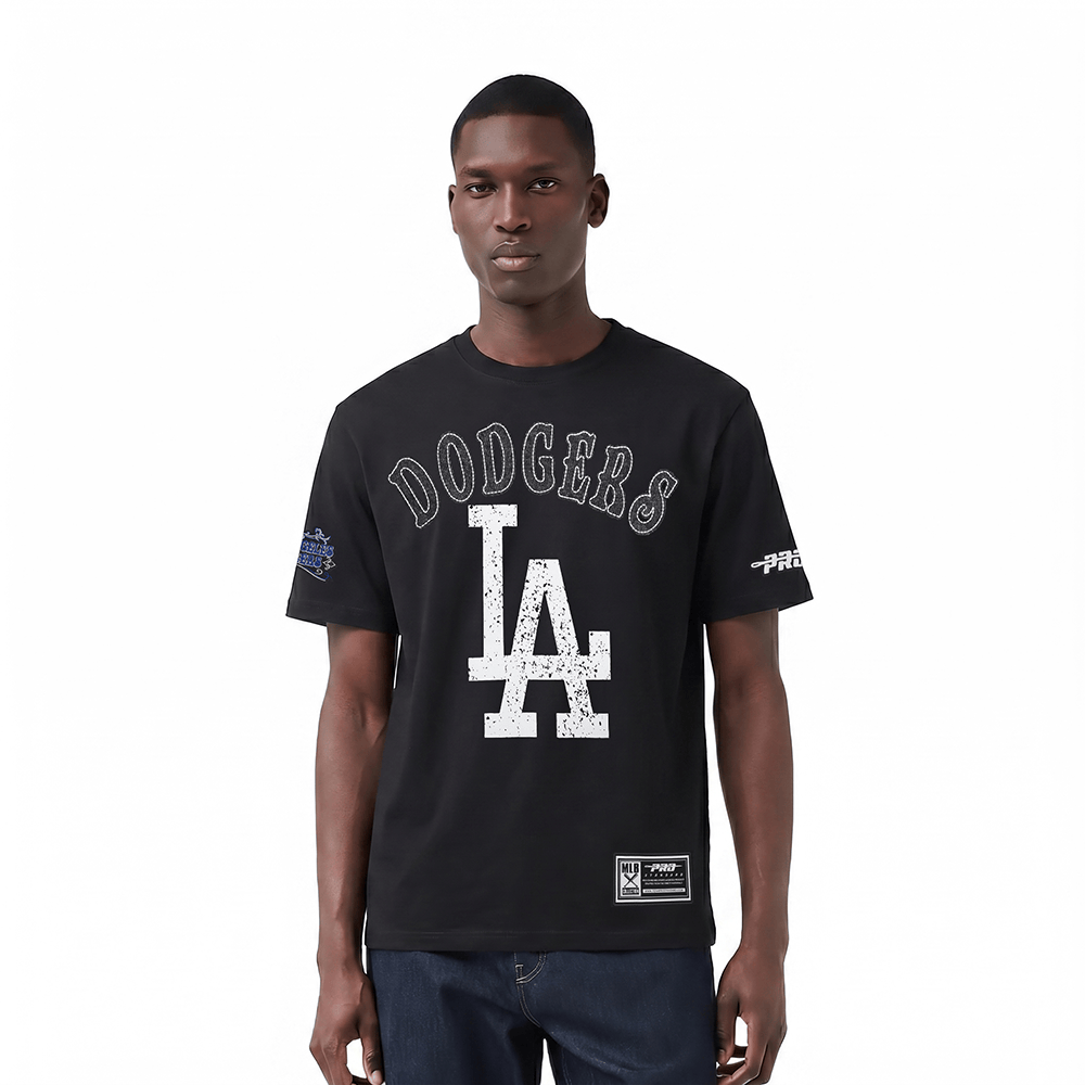 MLB LOS ANGELES DODGERS REBEL ATHLETICS STACKED LOGO MEN'S SJ TEE (BLACK)
