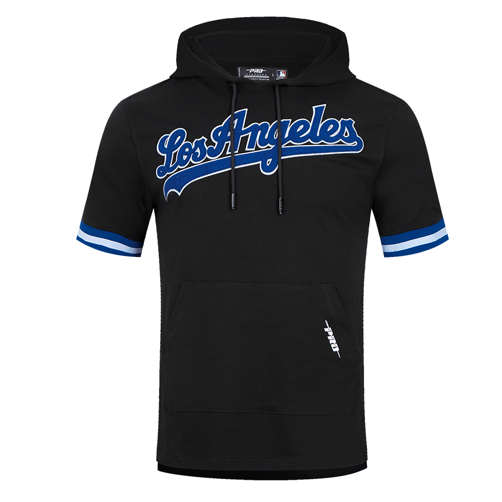 MLB LOS ANGELES DODGERS CLASSIC CHENILLE MEN'S DOUBLE KNIT SHORT SLEEVE PULLOVER HOODIE (BLACK/DODGER BLUE)