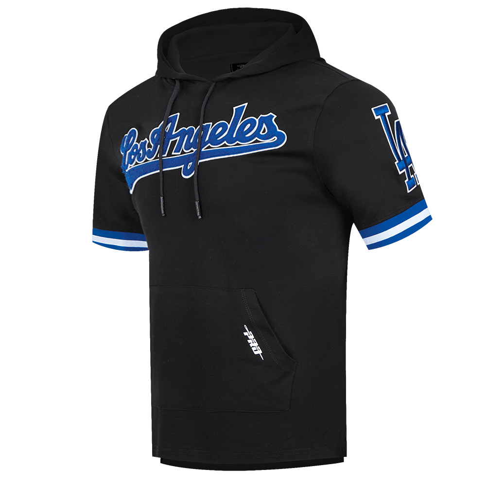 MLB LOS ANGELES DODGERS CLASSIC CHENILLE MEN'S DOUBLE KNIT SHORT SLEEVE PULLOVER HOODIE (BLACK/DODGER BLUE)