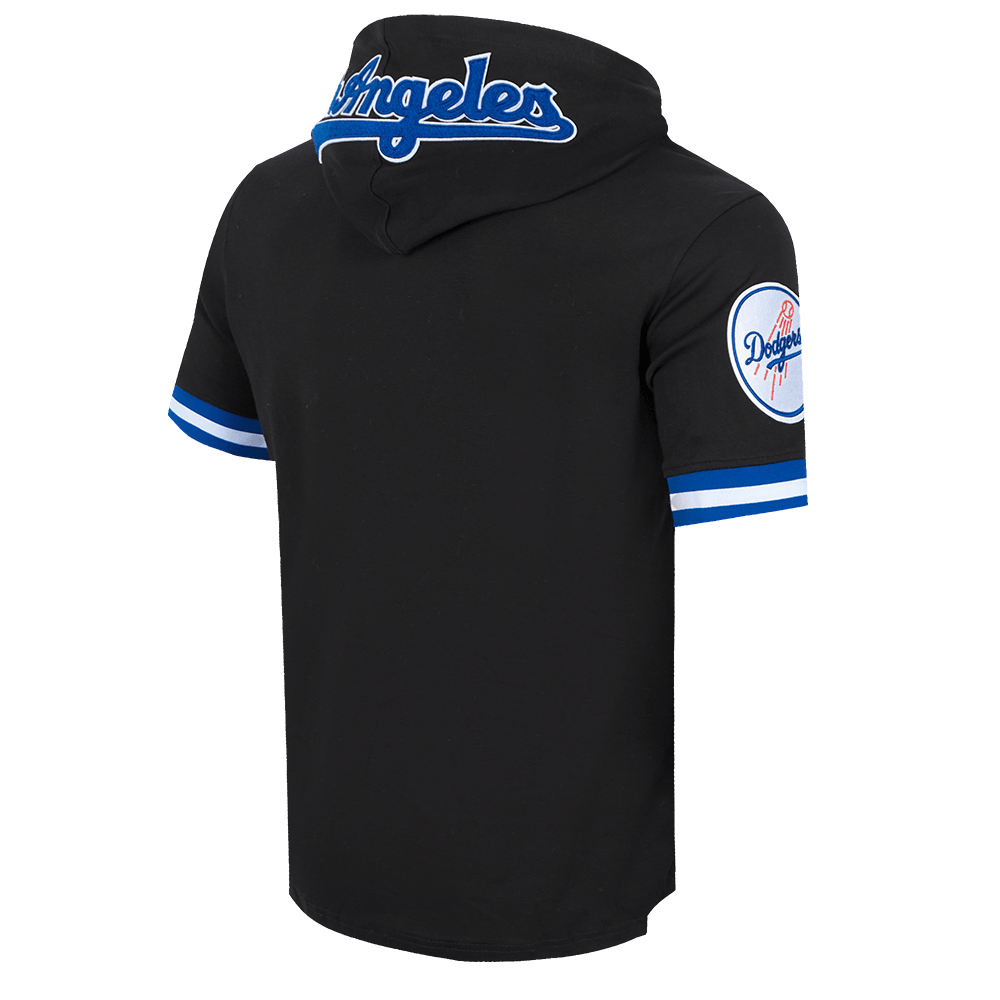 MLB LOS ANGELES DODGERS CLASSIC CHENILLE MEN'S DOUBLE KNIT SHORT SLEEVE PULLOVER HOODIE (BLACK/DODGER BLUE)