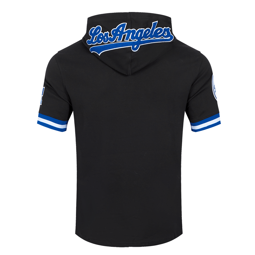 MLB LOS ANGELES DODGERS CLASSIC CHENILLE MEN'S DOUBLE KNIT SHORT SLEEVE PULLOVER HOODIE (BLACK/DODGER BLUE)