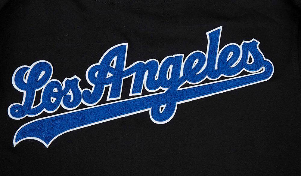 MLB LOS ANGELES DODGERS CLASSIC CHENILLE MEN'S DOUBLE KNIT SHORT SLEEVE PULLOVER HOODIE (BLACK/DODGER BLUE)