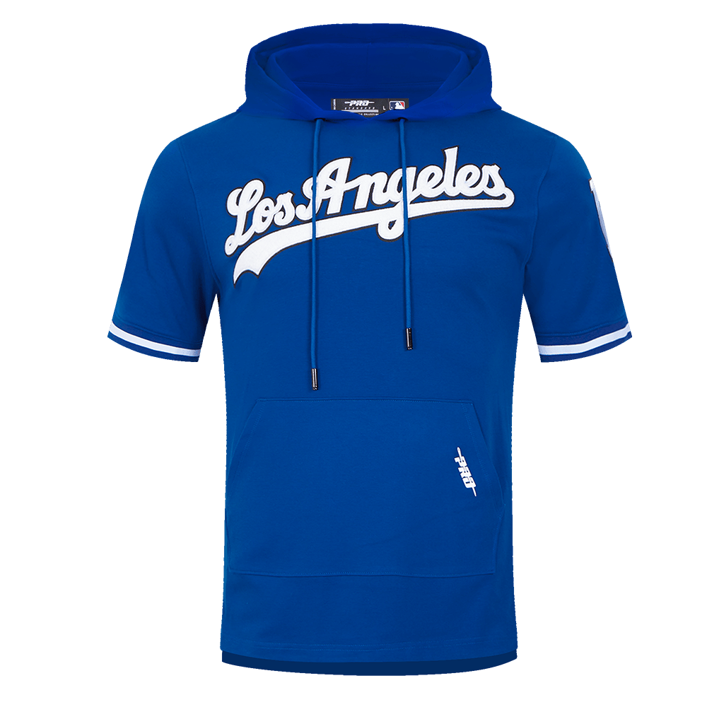 MLB LOS ANGELES DODGERS CLASSIC CHENILLE MEN'S DOUBLE KNIT SHORT SLEEVE PULLOVER HOODIE (DOGERS BLUE)