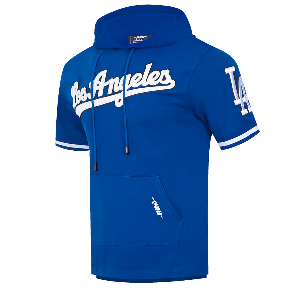 MLB LOS ANGELES DODGERS CLASSIC CHENILLE MEN'S DOUBLE KNIT SHORT SLEEVE PULLOVER HOODIE (DOGERS BLUE)