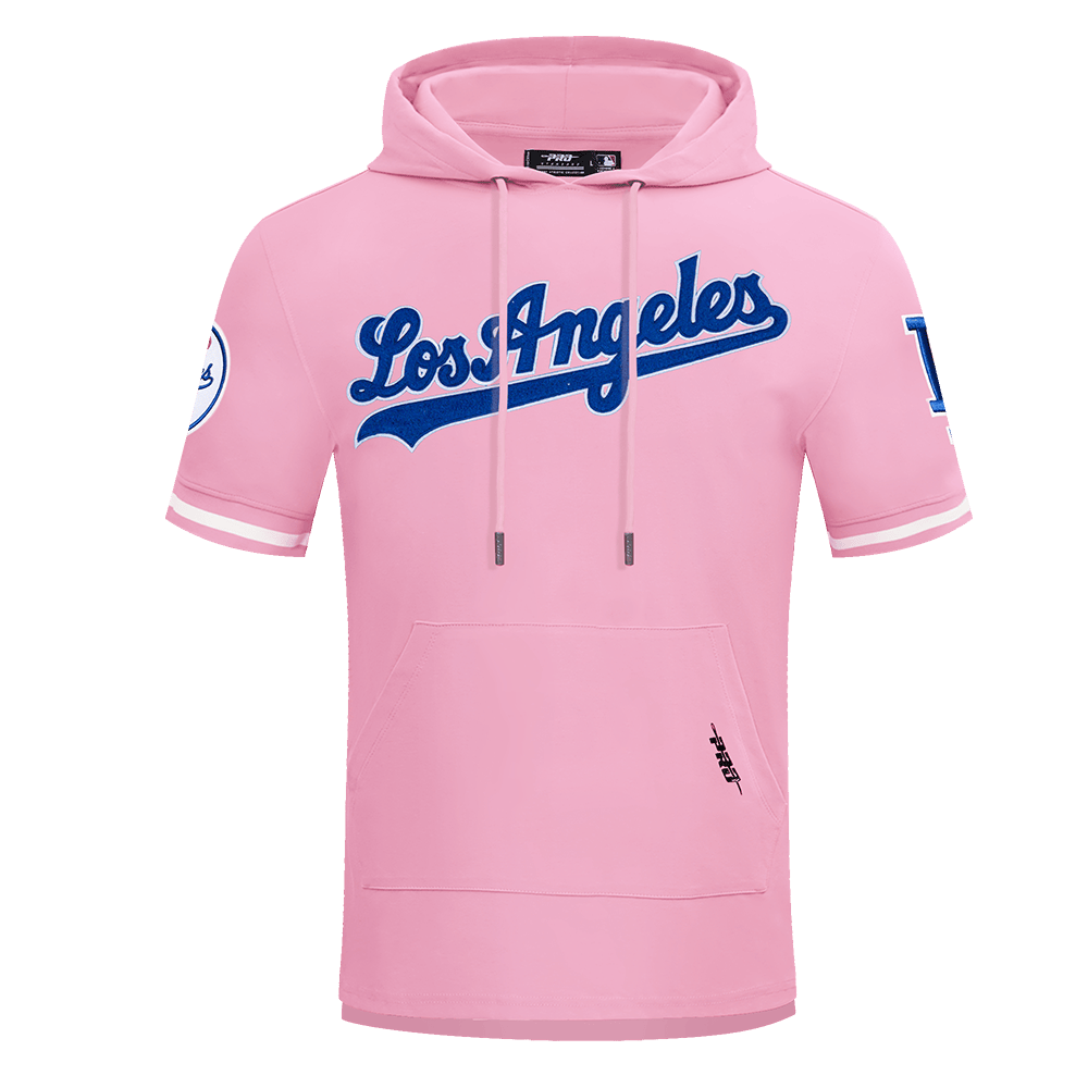 MLB LOS ANGELES DODGERS CLASSIC CHENILLE MEN'S DOUBLE KNIT SHORT SLEEVE PULLOVER HOODIE (PINK)