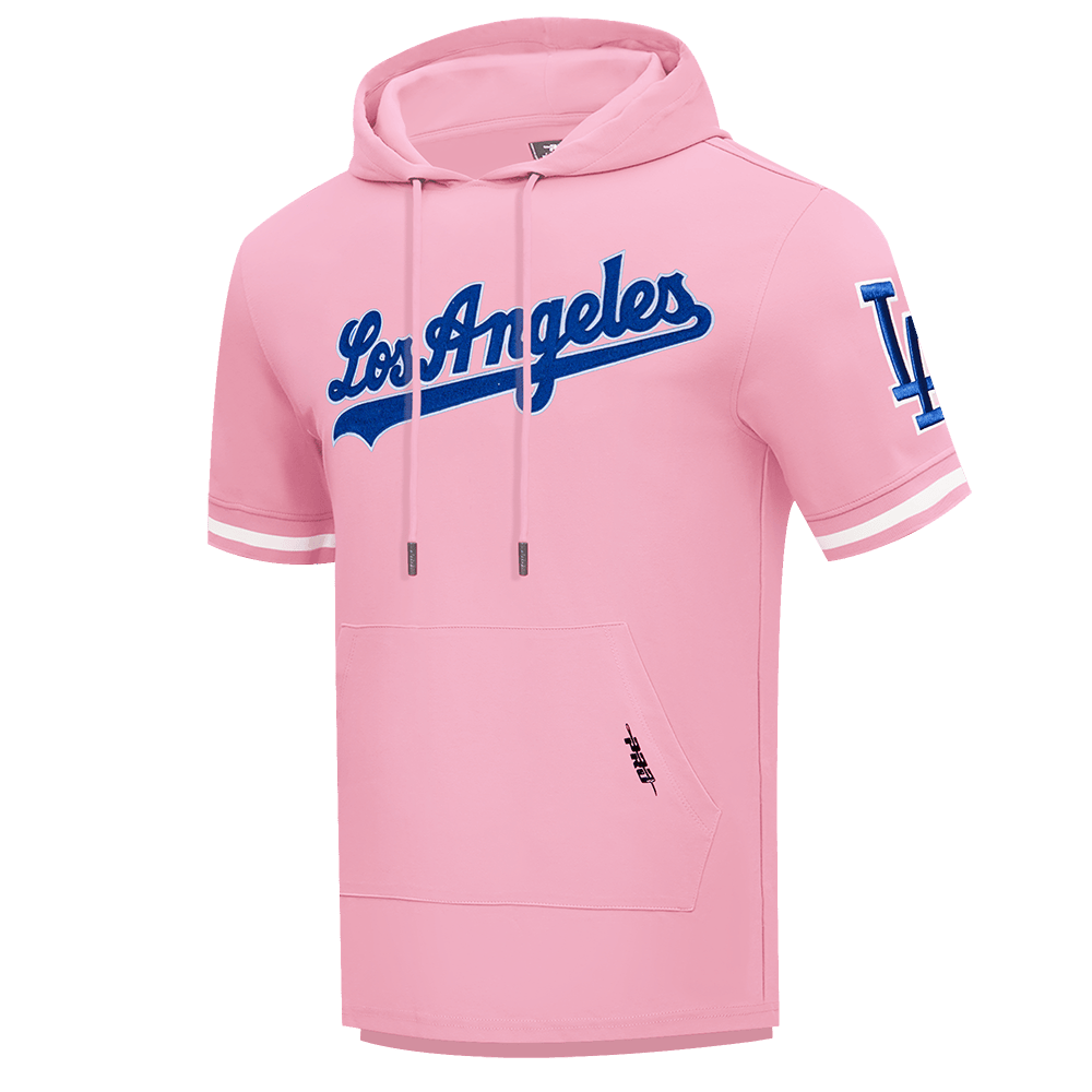 MLB LOS ANGELES DODGERS CLASSIC CHENILLE MEN'S DOUBLE KNIT SHORT SLEEVE PULLOVER HOODIE (PINK)