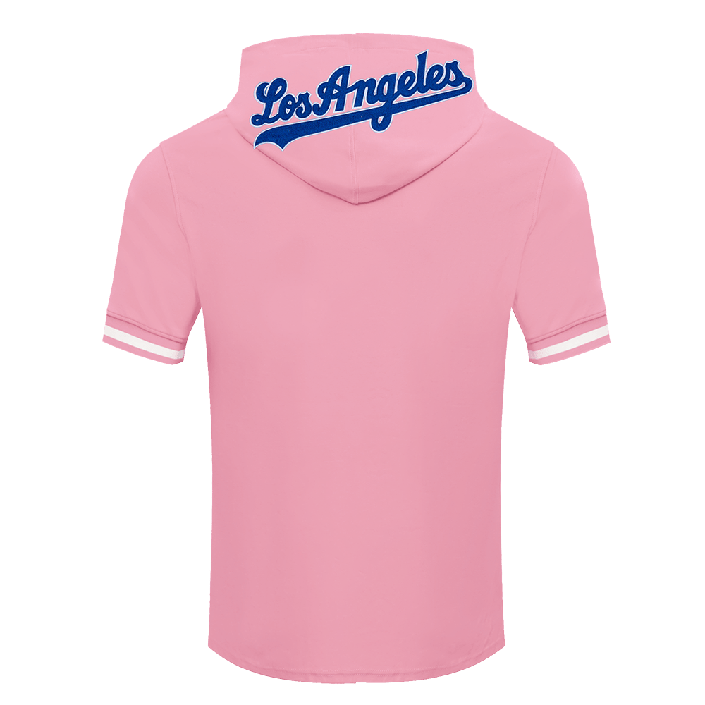 MLB LOS ANGELES DODGERS CLASSIC CHENILLE MEN'S DOUBLE KNIT SHORT SLEEVE PULLOVER HOODIE (PINK)