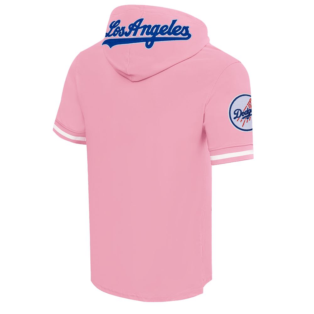 MLB LOS ANGELES DODGERS CLASSIC CHENILLE MEN'S DOUBLE KNIT SHORT SLEEVE PULLOVER HOODIE (PINK)