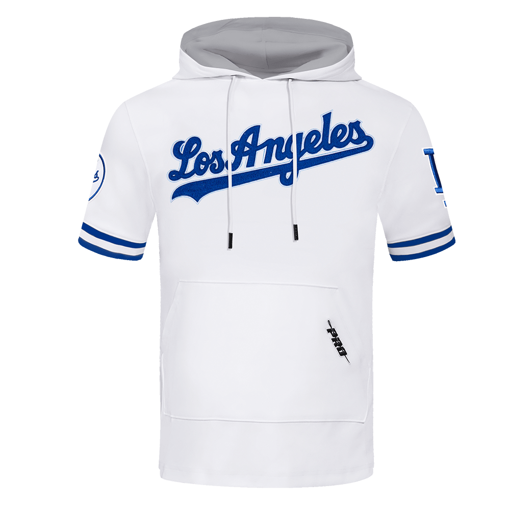 MLB LOS ANGELES DODGERS CLASSIC CHENILLE MEN'S DOUBLE KNIT SHORT SLEEVE PULLOVER HOODIE (WHITE/DODGER BLUE)