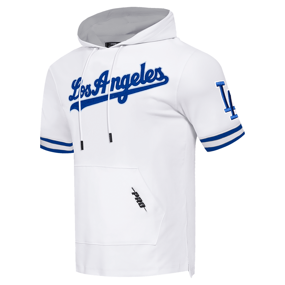 MLB LOS ANGELES DODGERS CLASSIC CHENILLE MEN'S DOUBLE KNIT SHORT SLEEVE PULLOVER HOODIE (WHITE/DODGER BLUE)