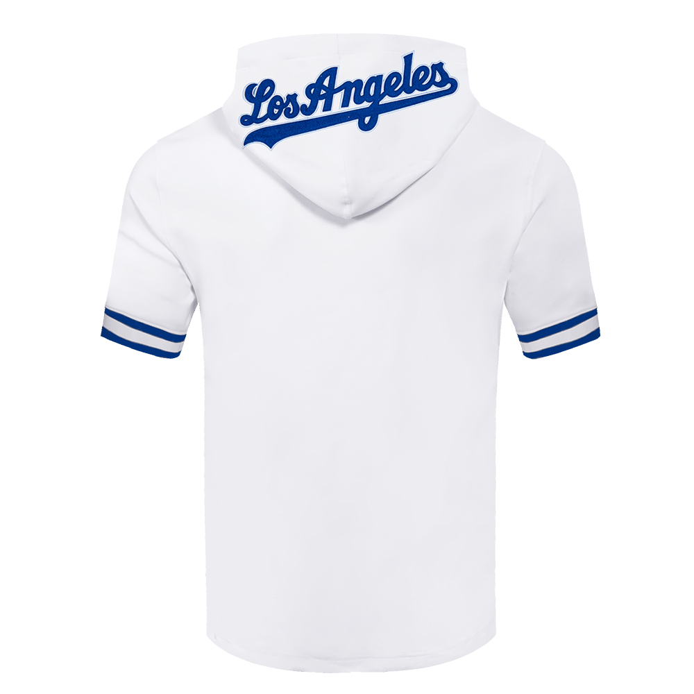 MLB LOS ANGELES DODGERS CLASSIC CHENILLE MEN'S DOUBLE KNIT SHORT SLEEVE PULLOVER HOODIE (WHITE/DODGER BLUE)