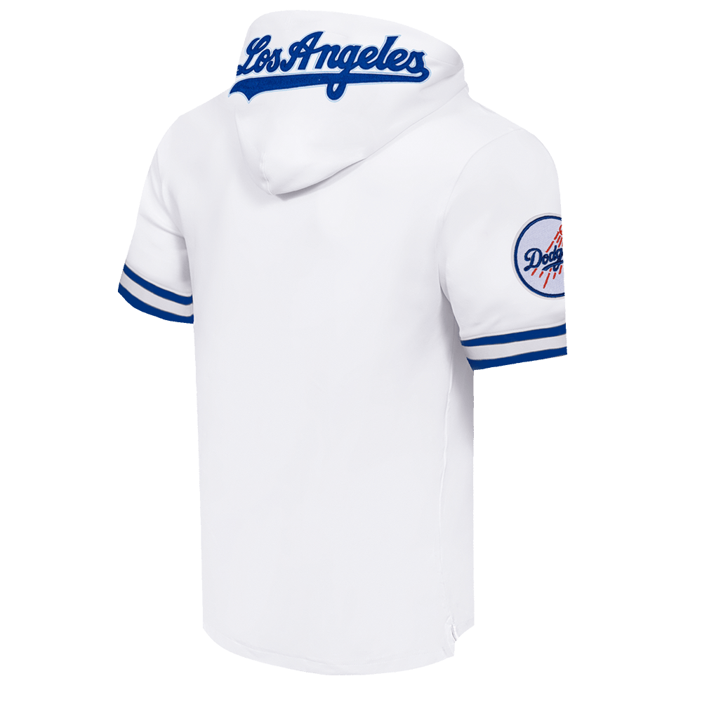 MLB LOS ANGELES DODGERS CLASSIC CHENILLE MEN'S DOUBLE KNIT SHORT SLEEVE PULLOVER HOODIE (WHITE/DODGER BLUE)