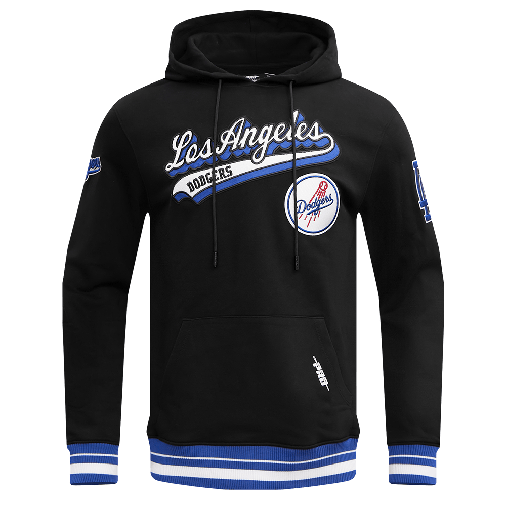 MLB LOS ANGELES DODGERS SCRIPT TAIL MEN'S RIB FLEECE PULLOVER HOODIE (BLACK/DODGER BLUE)