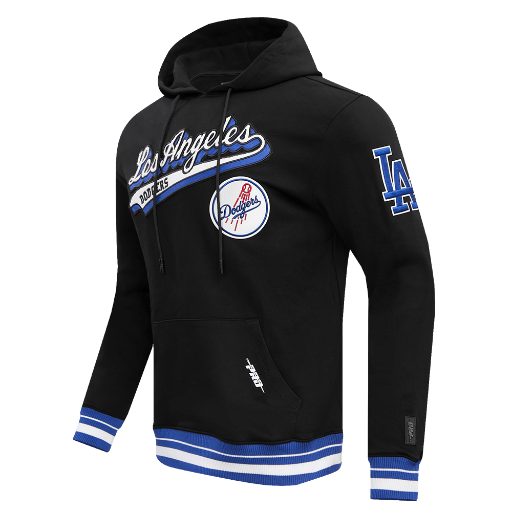 MLB LOS ANGELES DODGERS SCRIPT TAIL MEN'S RIB FLEECE PULLOVER HOODIE (BLACK/DODGER BLUE)