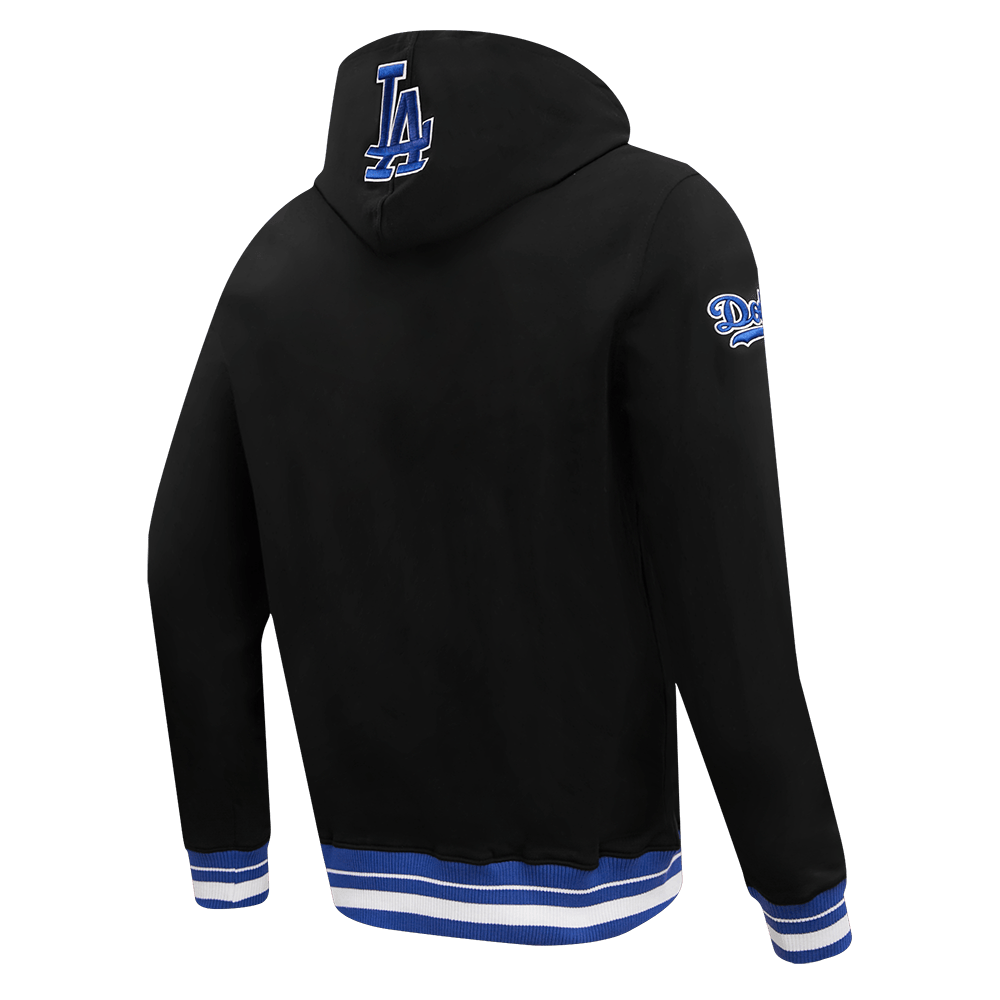 MLB LOS ANGELES DODGERS SCRIPT TAIL MEN'S RIB FLEECE PULLOVER HOODIE (BLACK/DODGER BLUE)