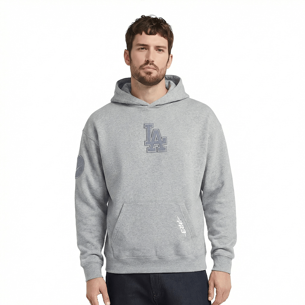 MLB LOS ANGELES DODGERS SUDADERA CON CAPUCHA DE FELPA PARA HOMBRE CON HOMBROS CAÍDOS DE TELA FRENCH TERRY INVERTIDA (GRIS OSCURO MELANGE)