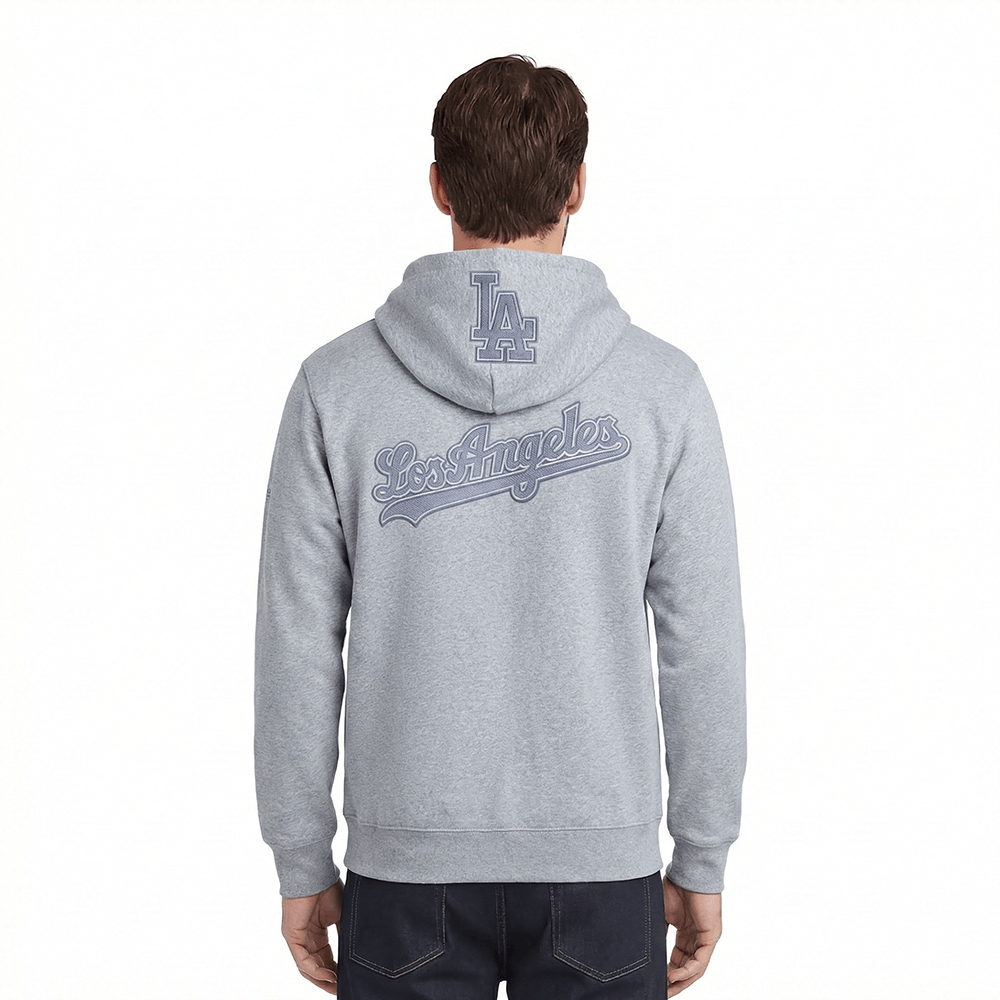MLB LOS ANGELES DODGERS SUDADERA CON CAPUCHA DE FELPA PARA HOMBRE CON HOMBROS CAÍDOS DE TELA FRENCH TERRY INVERTIDA (GRIS OSCURO MELANGE)