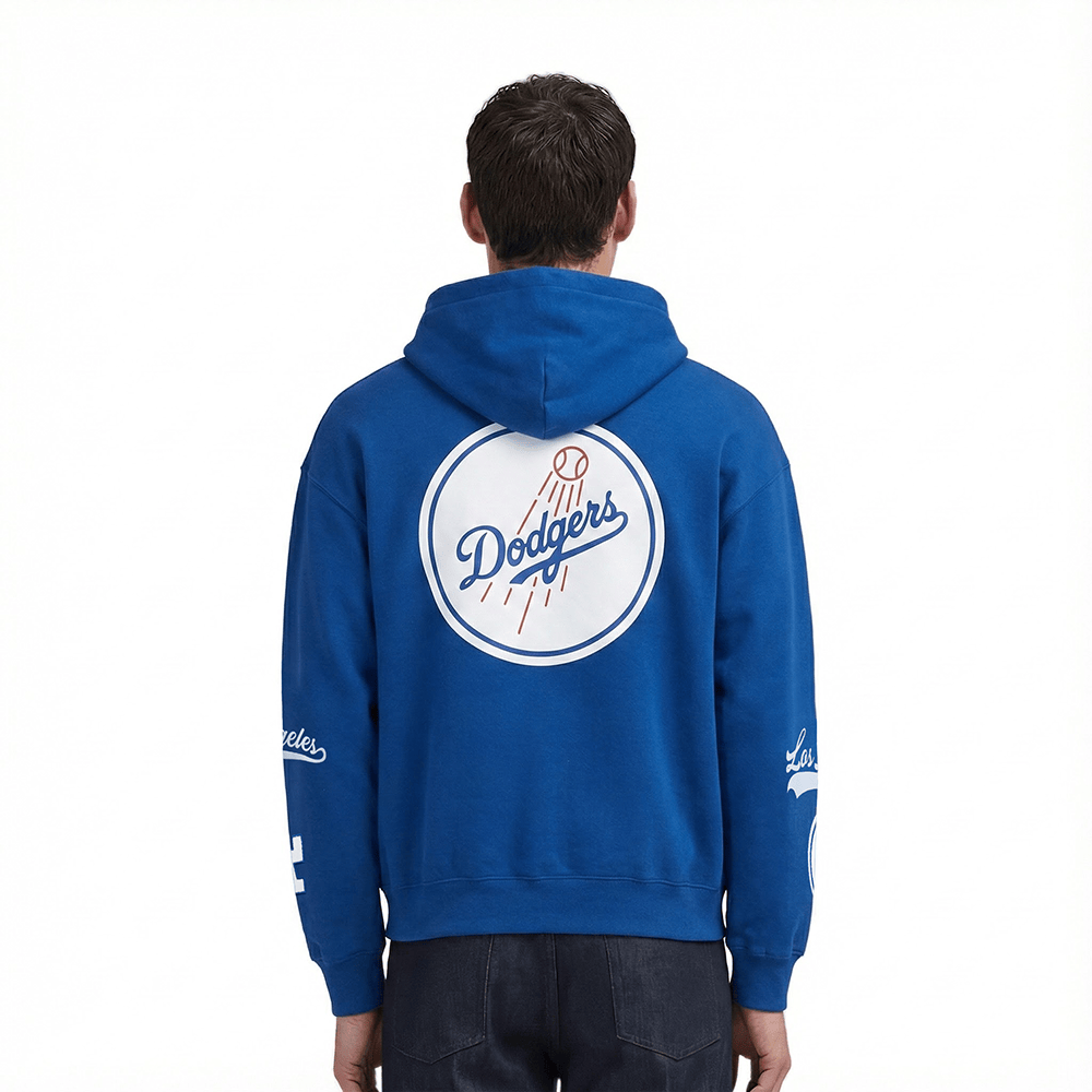 MLB LOS ANGELES DODGERS LIVING LARGE SUDADERA CON CAPUCHA FLC PARA HOMBRE CON HOMBROS CAÍDOS (AZUL DODGER)
