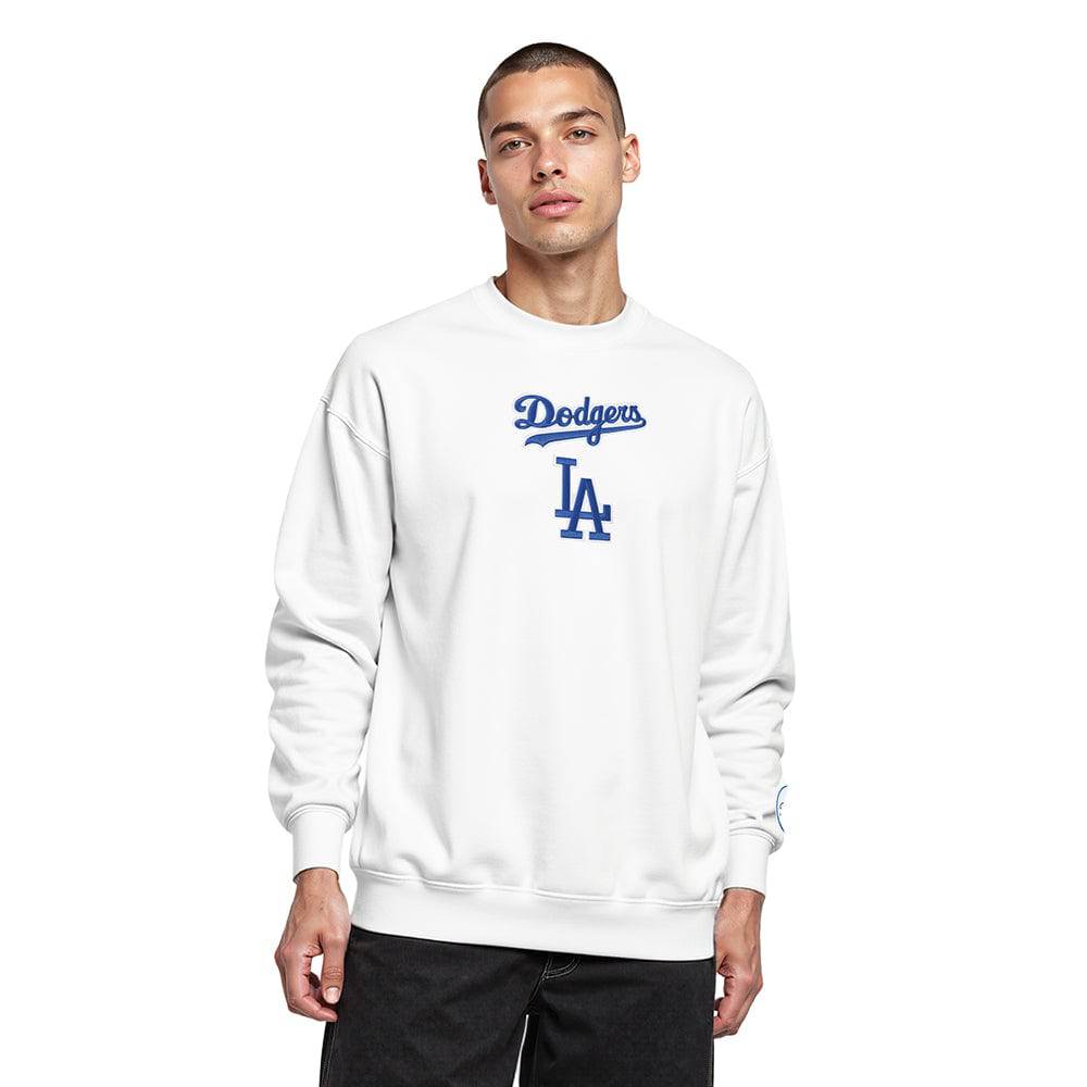 MLB LOS ANGELES DODGERS WINGSPAN SUECO DE FORRO POLAR CON CUELLO REDONDO Y HOMBROS CAÍDOS PARA HOMBRE (BLANCO)