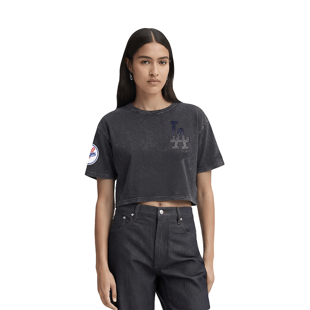MLB LOS ANGELES DODGERS WASHED JEWELS WOMEN'S S/S BOXY TOP (WASHED BLACK)