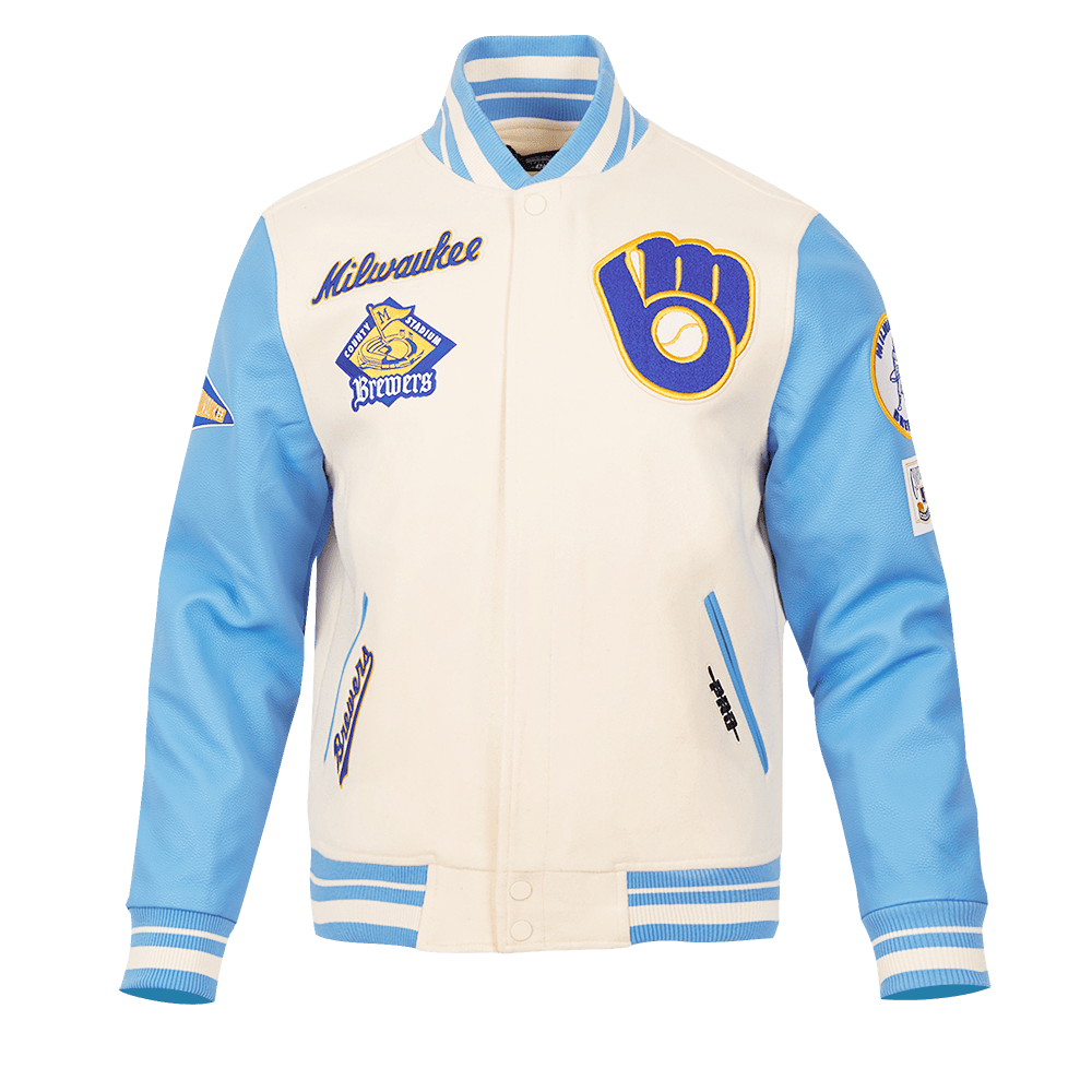MLB MILWAUKEE BREWERS RETRO CLASSIC MEN'S RIB WOOL VARSITY JACKET (EGGSHELL/UNIVERSAL BLUE)