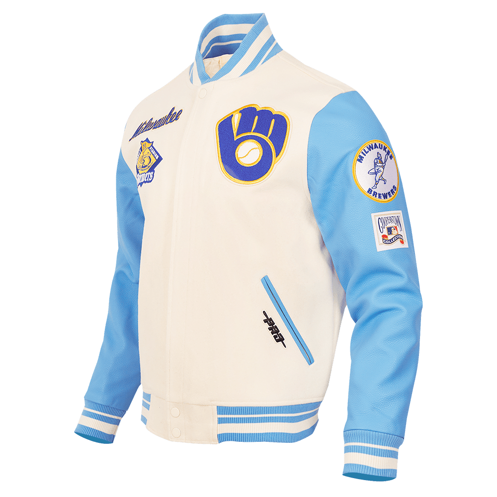 MLB MILWAUKEE BREWERS RETRO CLASSIC MEN'S RIB WOOL VARSITY JACKET (EGGSHELL/UNIVERSAL BLUE)