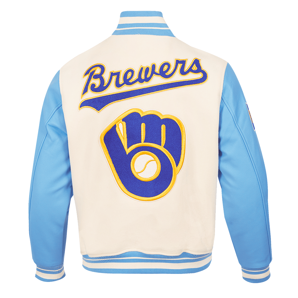 MLB MILWAUKEE BREWERS RETRO CLASSIC MEN'S RIB WOOL VARSITY JACKET (EGGSHELL/UNIVERSAL BLUE)