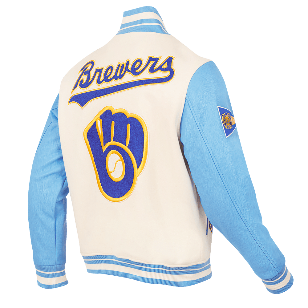 MLB MILWAUKEE BREWERS RETRO CLASSIC MEN'S RIB WOOL VARSITY JACKET (EGGSHELL/UNIVERSAL BLUE)