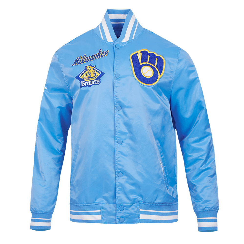 MLB MILWAUKEE BREWERS RETRO CLASSIC MEN'S RIB SATIN JACKET (UNIVERSITY BLUE)