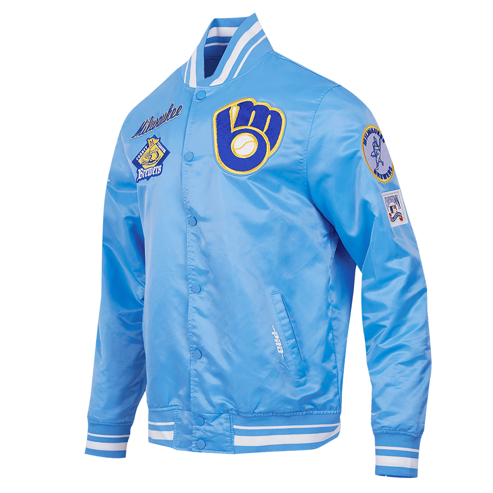 MLB MILWAUKEE BREWERS RETRO CLASSIC MEN'S RIB SATIN JACKET (UNIVERSITY BLUE)