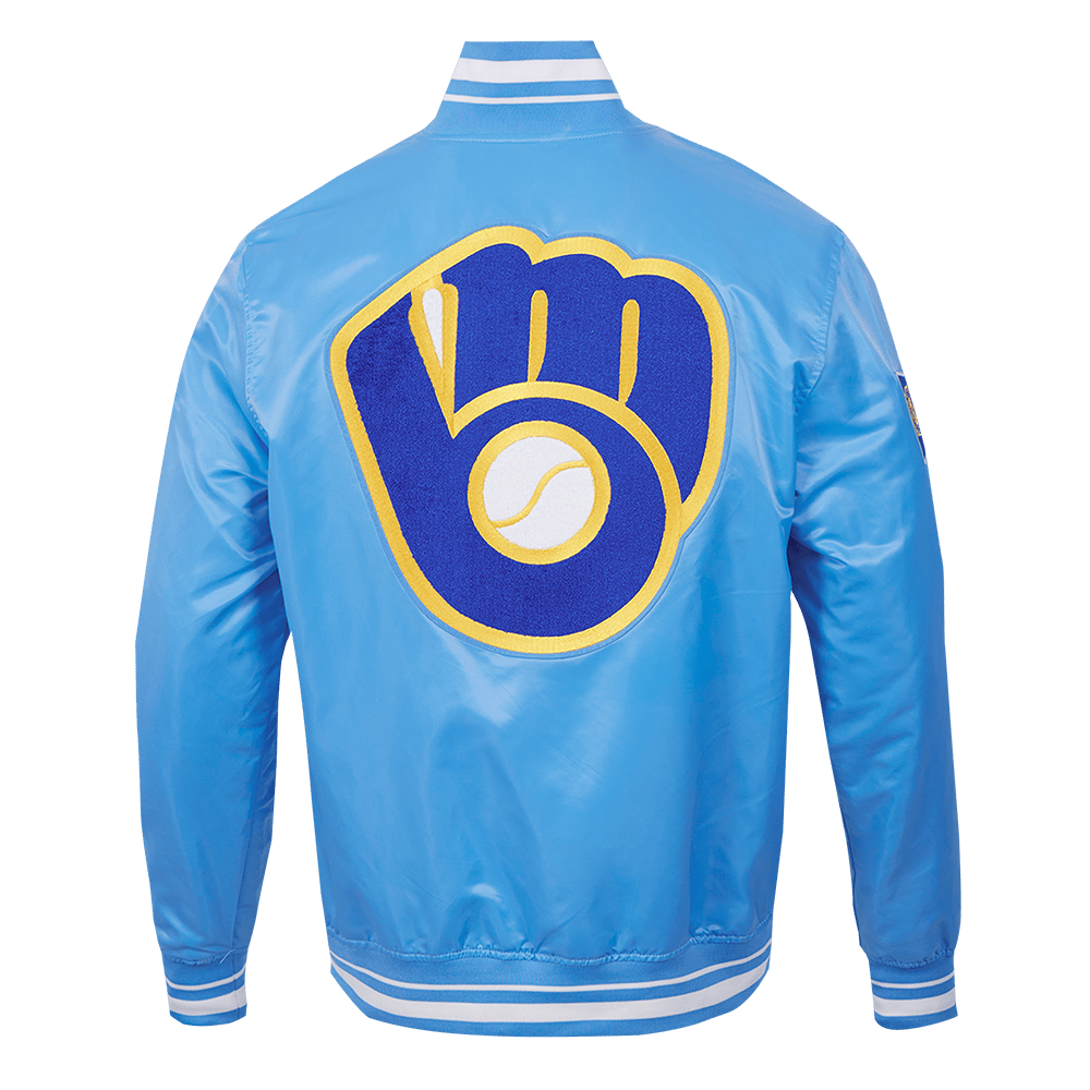 MLB MILWAUKEE BREWERS RETRO CLASSIC MEN'S RIB SATIN JACKET (UNIVERSITY BLUE)