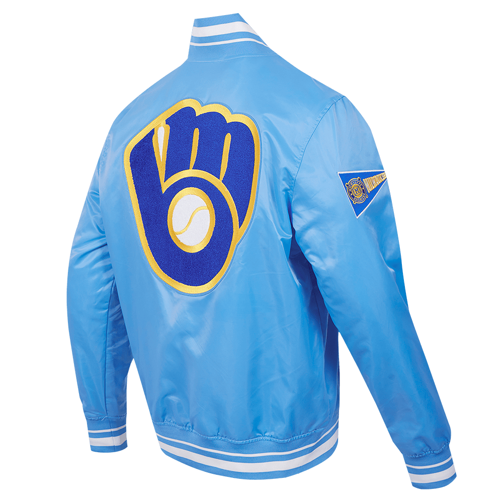 MLB MILWAUKEE BREWERS RETRO CLASSIC MEN'S RIB SATIN JACKET (UNIVERSITY BLUE)