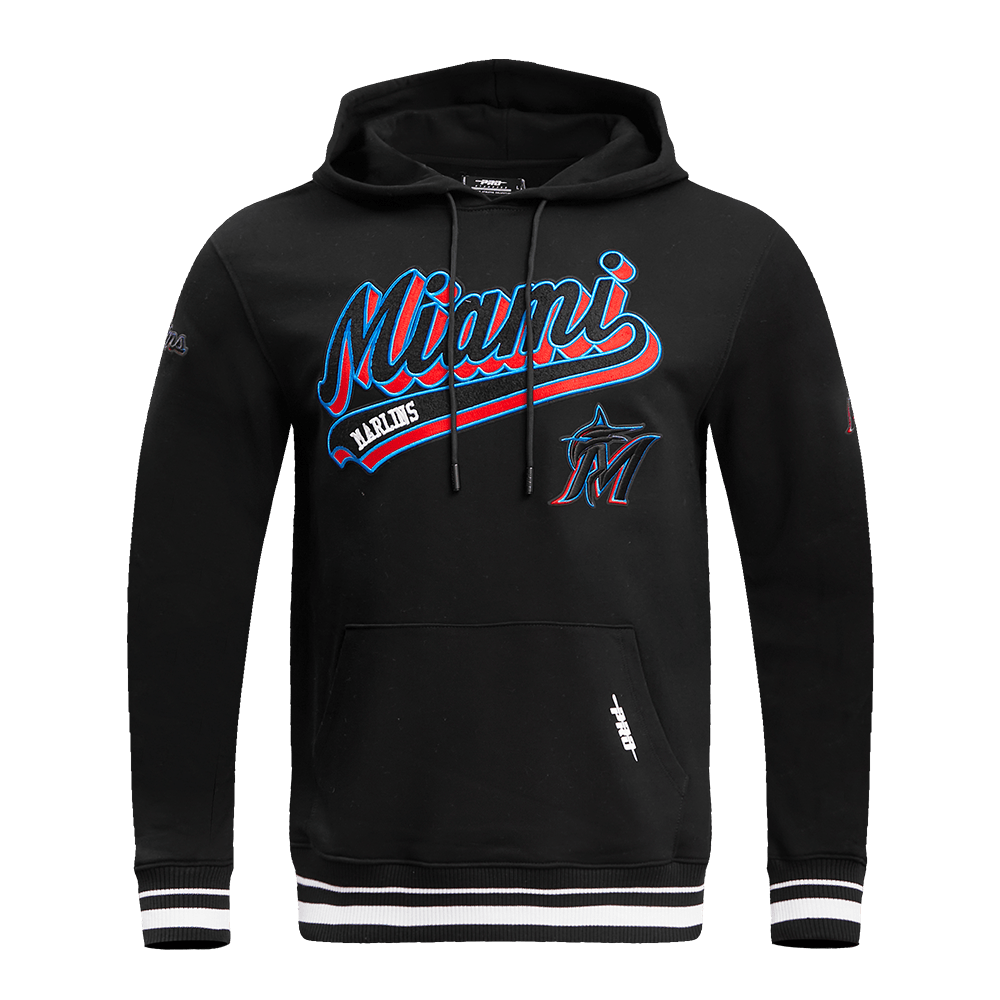 MLB MIAMI MARLINS SCRIPT TAIL MEN'S RIB FLEECE PULLOVER HOODIE (BLACK)