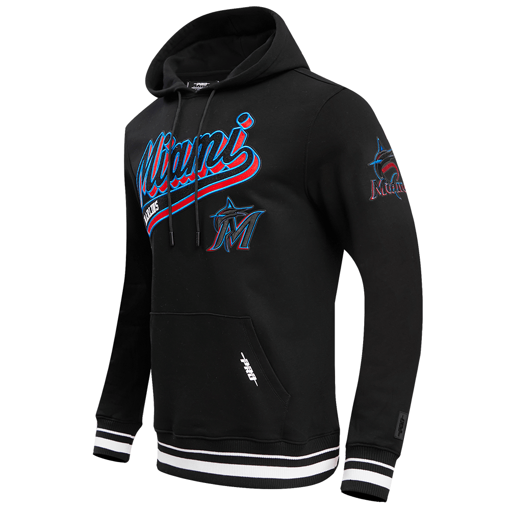 MLB MIAMI MARLINS SCRIPT TAIL MEN'S RIB FLEECE PULLOVER HOODIE (BLACK)