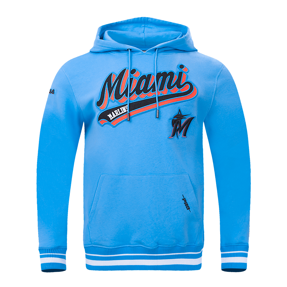 MLB MIAMI MARLINS SCRIPT TAIL MEN'S RIB FLEECE PULLOVER HOODIE (UNIVERSITY BLUE)