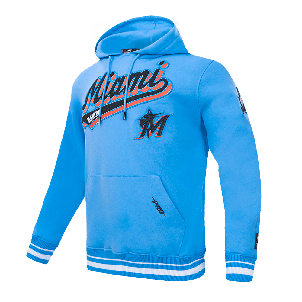 MLB MIAMI MARLINS SCRIPT TAIL MEN'S RIB FLEECE PULLOVER HOODIE (UNIVERSITY BLUE)