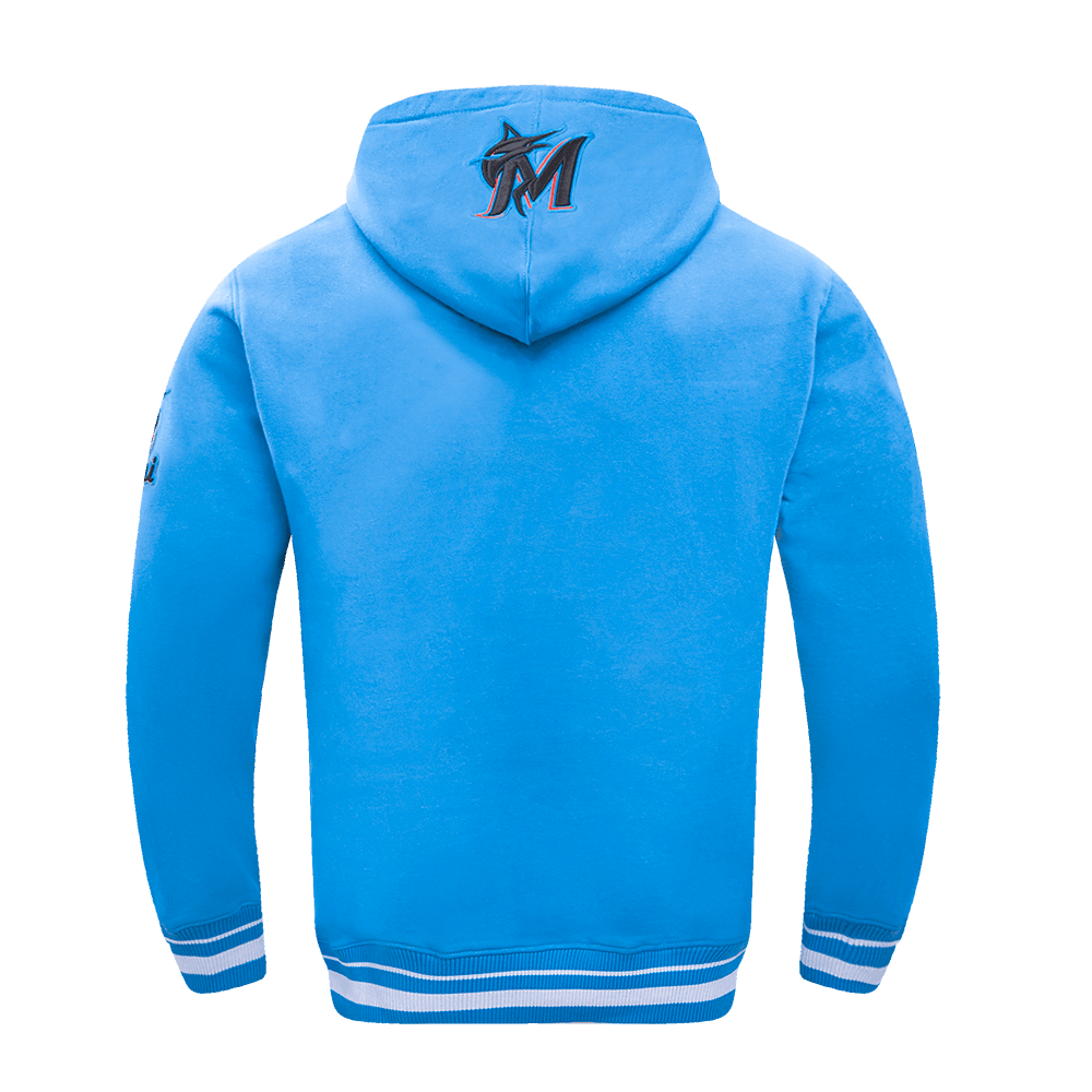 MLB MIAMI MARLINS SCRIPT TAIL MEN'S RIB FLEECE PULLOVER HOODIE (UNIVERSITY BLUE)