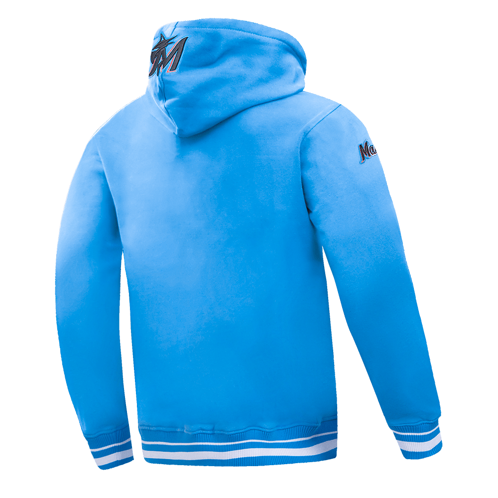 MLB MIAMI MARLINS SCRIPT TAIL MEN'S RIB FLEECE PULLOVER HOODIE (UNIVERSITY BLUE)