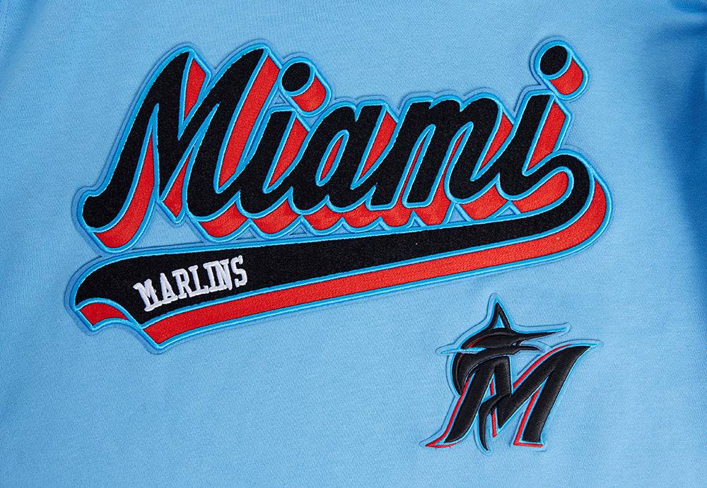 MLB MIAMI MARLINS SCRIPT TAIL MEN'S RIB FLEECE PULLOVER HOODIE (UNIVERSITY BLUE)