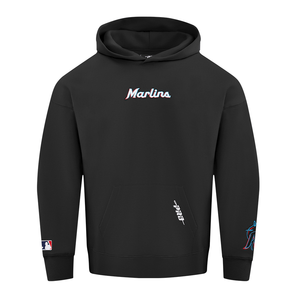MLB MIAMI MARLINS WINGSPAN MEN'S DROP SHOULDER FLEECE PULLOVER HOODIE (BLACK)