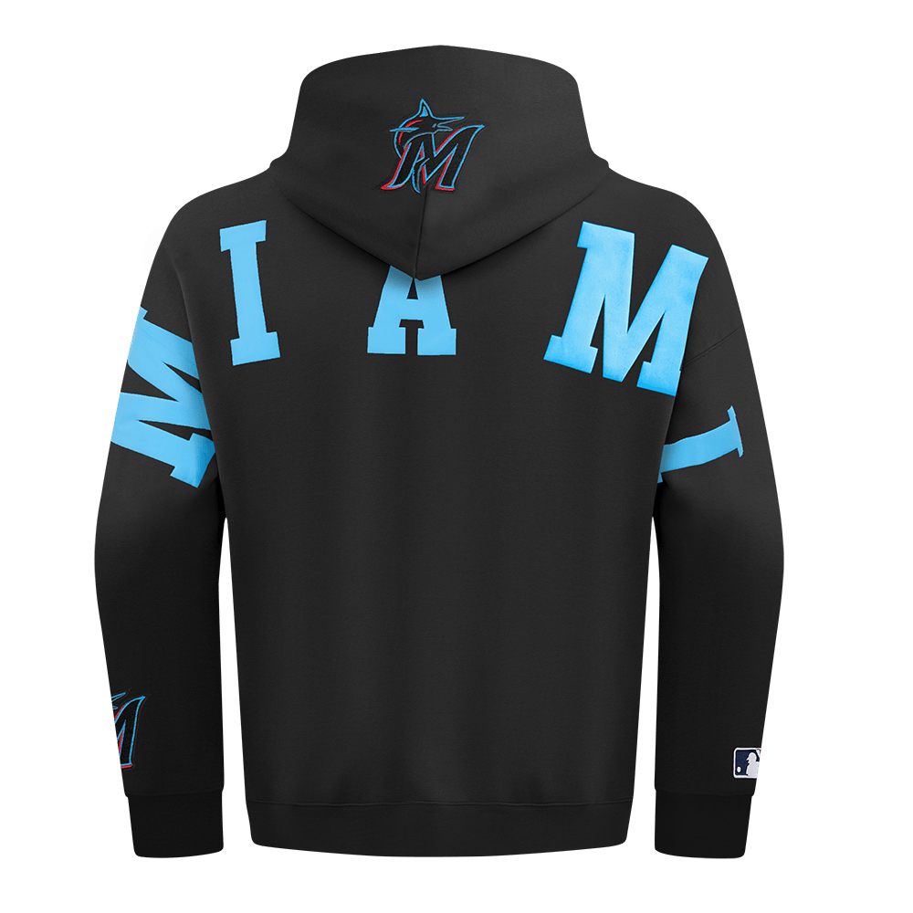 MLB MIAMI MARLINS WINGSPAN MEN'S DROP SHOULDER FLEECE PULLOVER HOODIE (BLACK)