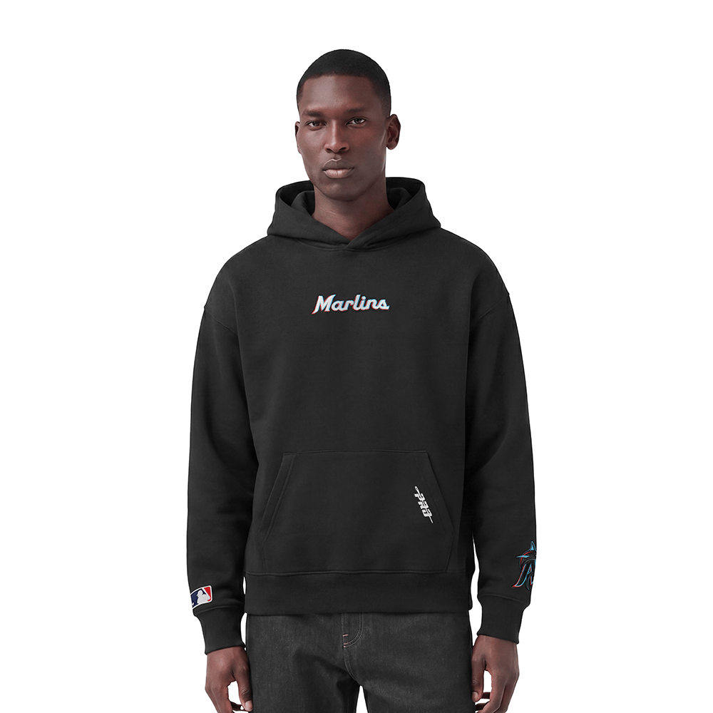 MLB MIAMI MARLINS WINGSPAN MEN'S DROP SHOULDER FLEECE PULLOVER HOODIE (BLACK)