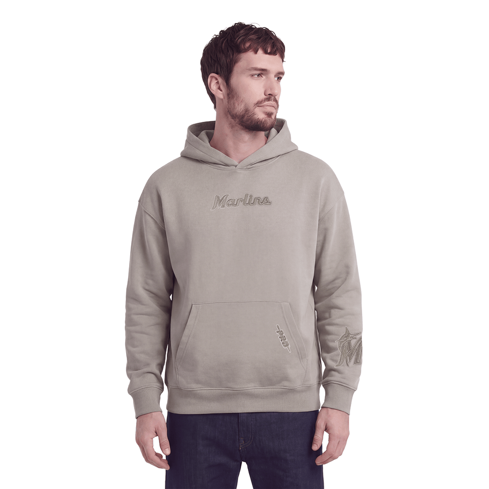 MLB MIAMI MARLINS WINGSPAN SUDADERA CON CAPUCHA DE FELPA PARA HOMBRE CON HOMBROS CAÍDOS (BEIGE)