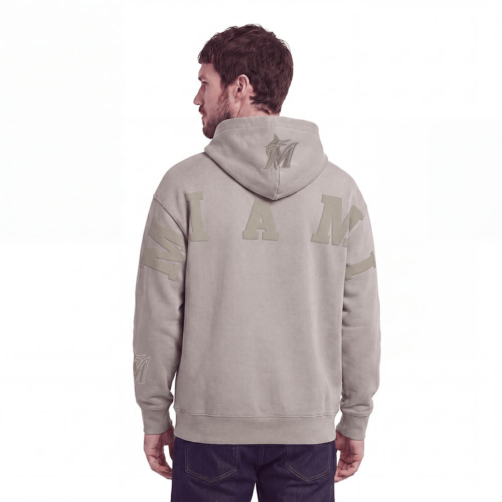 MLB MIAMI MARLINS WINGSPAN SUDADERA CON CAPUCHA DE FELPA PARA HOMBRE CON HOMBROS CAÍDOS (BEIGE)